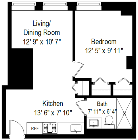 Floor plan for 1 bed, 1 bath, 423 sqft